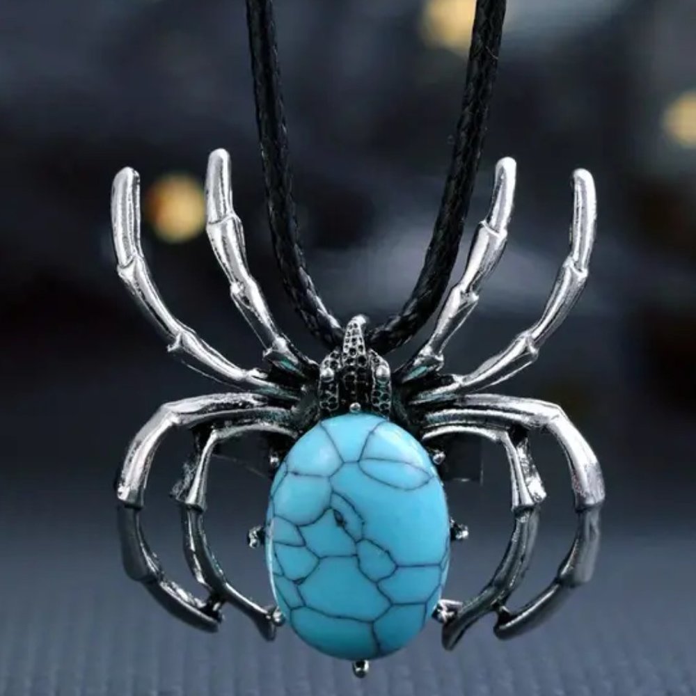 Spider Brooch Blue Howlite Stone Pendant Necklace Healing Gemstone Pendant